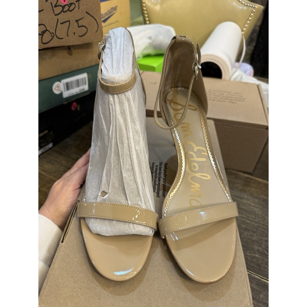 Sam Edelman Patti‎ Ankle Strap Patent Leather Beige Dress Heel Sandal Women 12 - Picture 4 of 10